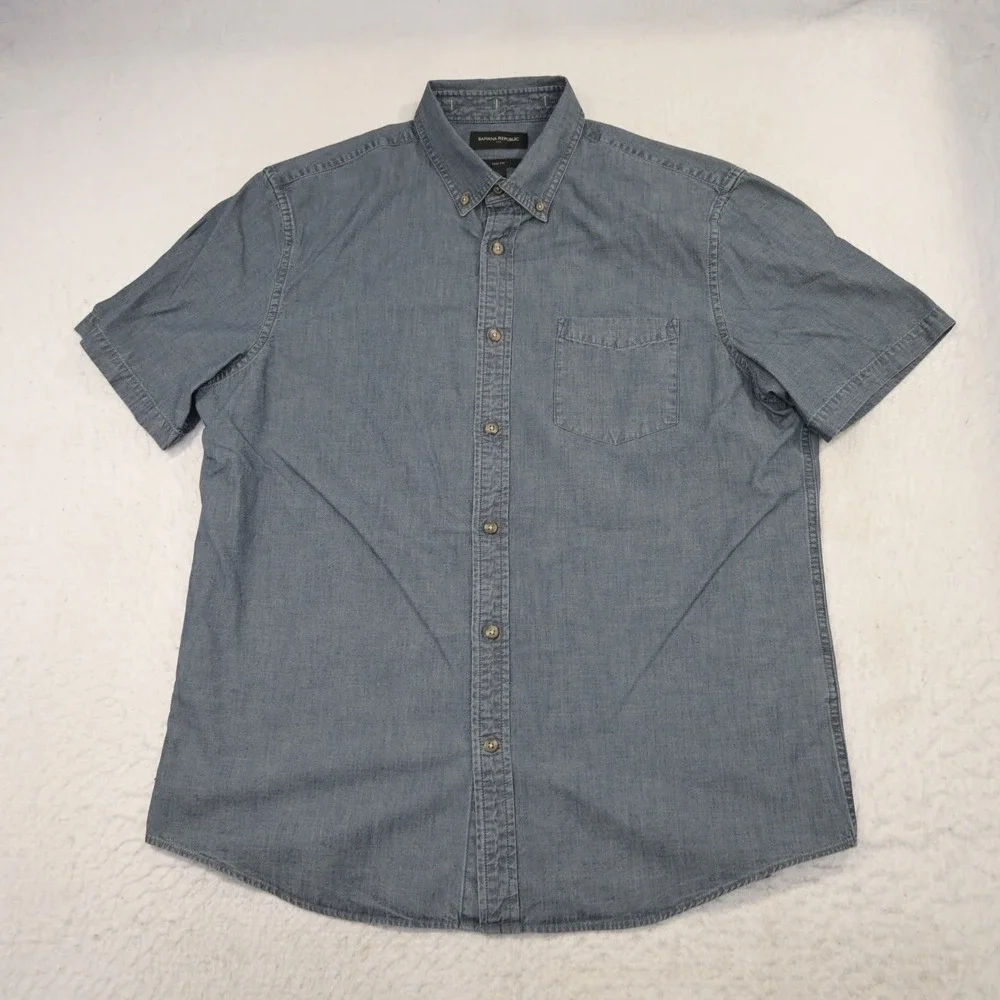 Banana Republic Button Up Men Large Slim Fit Blue Short Sleeve Pocket Cotton